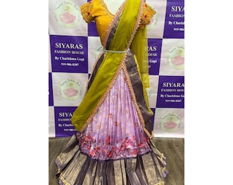 Beautiful Lavender Floral Pattu Lehenga | Yellow Handwork Blouse, Organza Dupatta | XXL 44