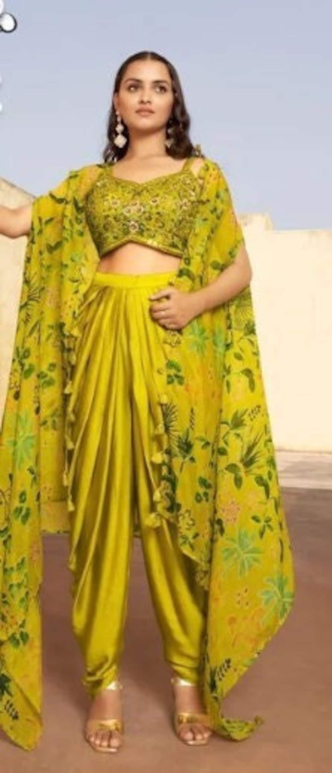 Indo Western Dress Party Wear Indian Yellow Dhoti Pant With Embroidered