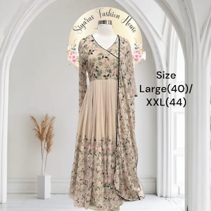 Gorgeous chiku color Chiffon Anarkali gown digital print Angrakha style 3 pc set Indian wedding outfit  XL 42 on hand