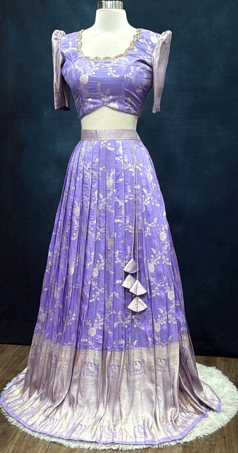 Gorgeous Tissue Half saree/Lang Voni with Maggam work blouse and a grand tissue dupatta size 36 for teens wedding half saree function image 3