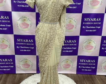 Beautiful partywear sequence Saree in off white color, wedding, reception, Fits size 42 to 44, Saree with blouse ready to ship USA