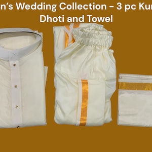Herrenhochzeitskollektion 3-teiliges Set Seidenkurta Dhoti und Handtuch kombinierte Größen 38, 42 für Gruha Pravesh, Hochzeit, traditionelle Partywear-Outfits