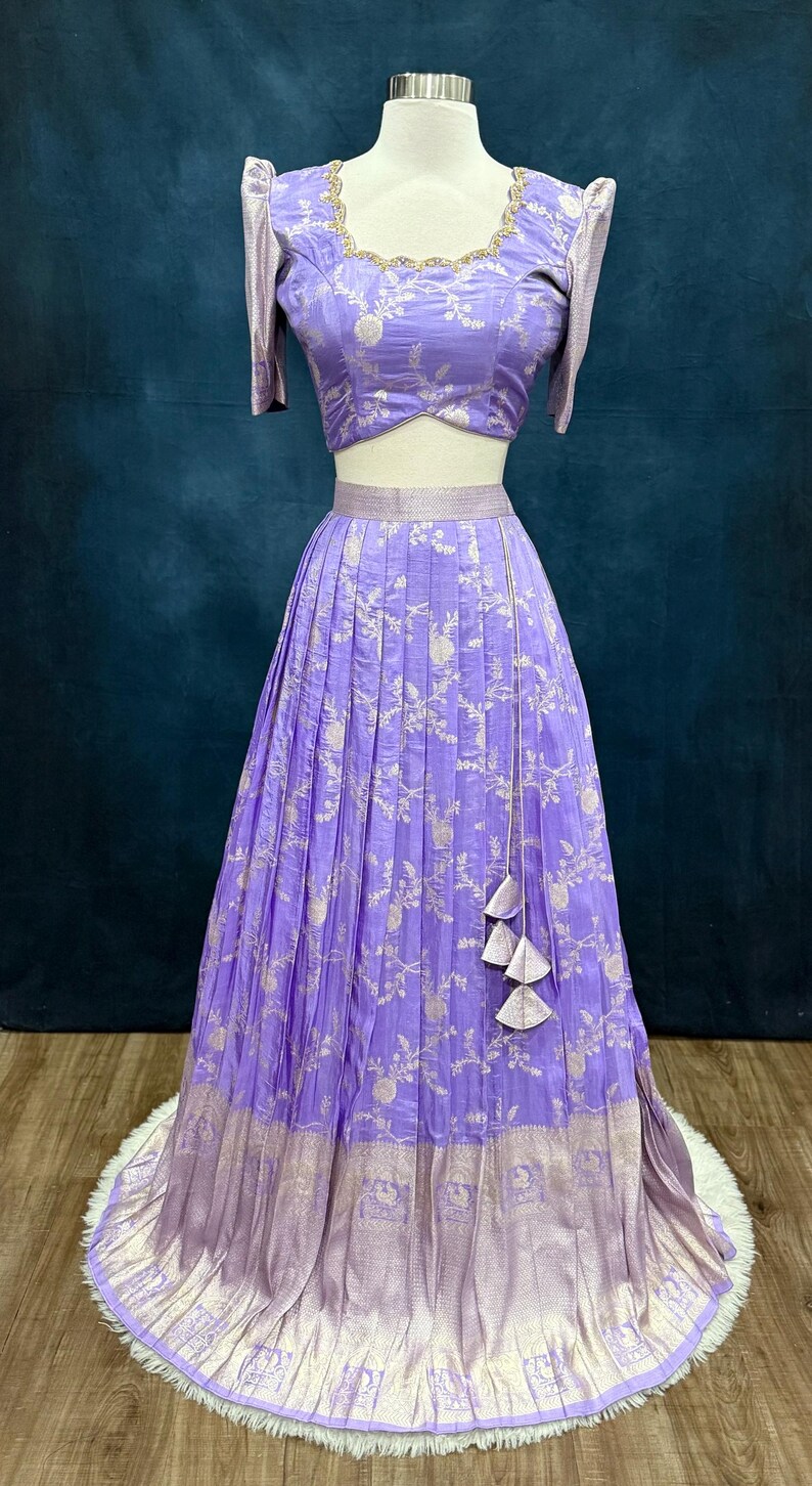 Gorgeous Tissue Half saree/Lang Voni with Maggam work blouse and a grand tissue dupatta size 36 for teens wedding half saree function image 6