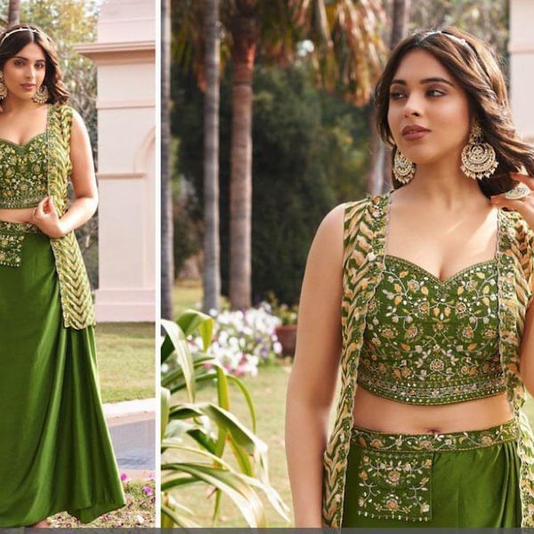 Gorgeous  Green Jacket style Embroidered work Crop top with Stylish Skirt Partywear dress for Mehendi Ready to ship free USA