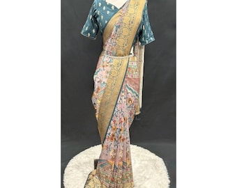 Stunning Kalamkari silk saree in green color with mirror work embellishments grand pallu stitched blouse 38,40, 42 ready to ship USA