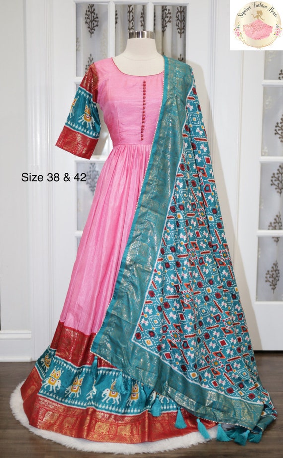 Printed Long Gown with Net Dupatta - Palki Boutique
