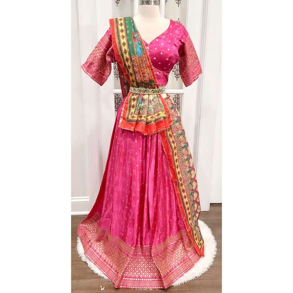 Fuscia Pink Gajji Silk Chaniya Choli Xl size 42 with 8 mtr Ghera heavy sequence work with Trendy Dupatta