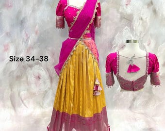 Beautiful Customized Banarasi silk half sarees in yellow and magenta pink hues Maggam work blouses and bead embellishments size 34 to 38
