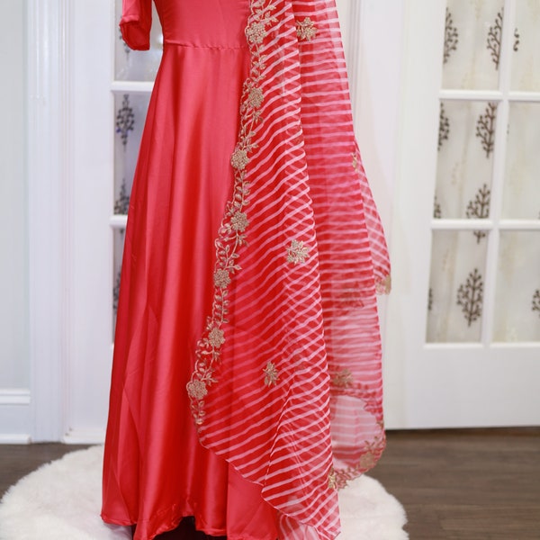 Different Red Color NeckWork Design Organza Top Material And Pant Material With Organza Dupatta main image 1