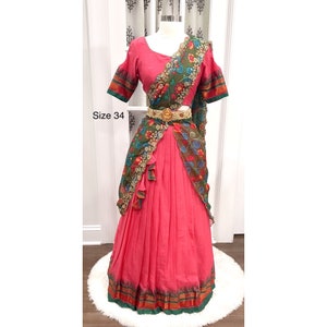 Traditional Naranyanpet pure cotton half saree for teens in peach pink and green combo