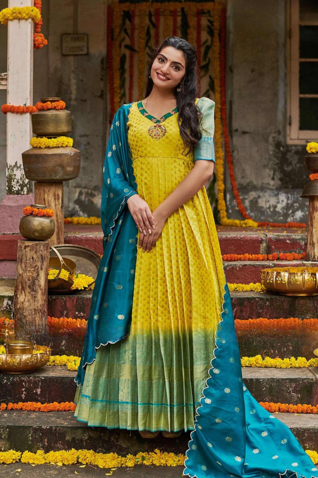 blue combination colour dress Peacock Blue Round Neckline Dress main image 1