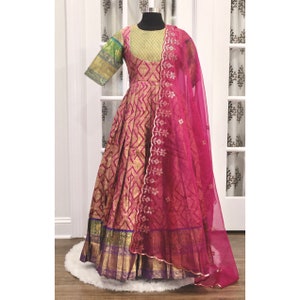Beautiful Banarasi Silk Anarkali Gown Model One Piece Maxi Long Dress for Girls Traditional Full Length Sungudi Long Frock no belt