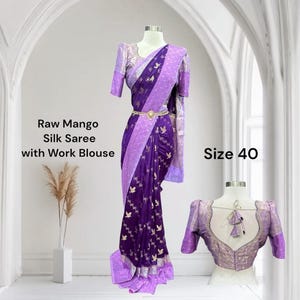 Beautiful Raw Mango Silk Saree with Maggam work blouse  elegant design lavender and dark purple size 40-42