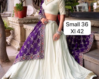 Gorgeous Pure Rayon Lehanga choli in white color color with purple color Georgette dupatta size small 36 and XL 42 ready to ship USA