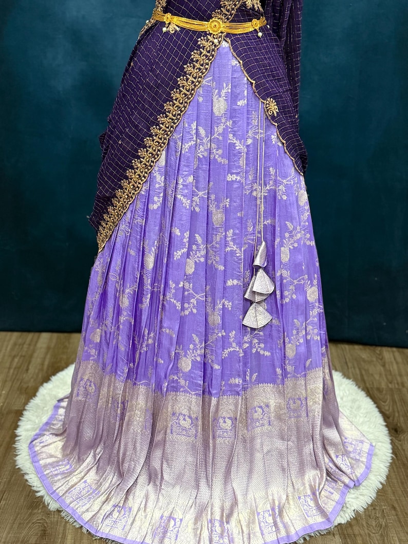 Gorgeous Tissue Half saree/Lang Voni with Maggam work blouse and a grand tissue dupatta size 36 for teens wedding half saree function image 11