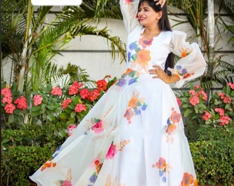 BAU ♥ RENNIE Organza sleeveless flared long dress Long Dress With Buckle Belt by Hemant & Nandita | Rent