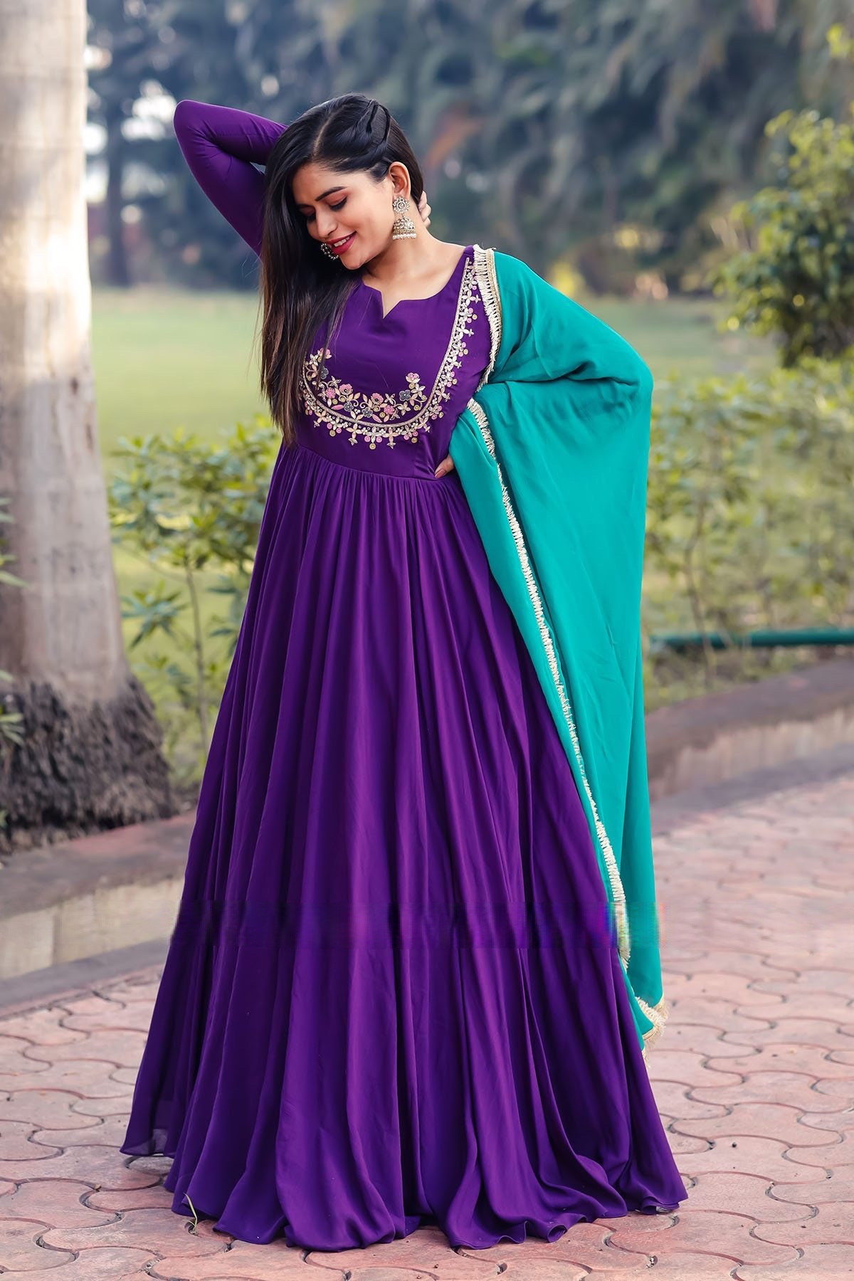 Purple Brocade & Georgette Designer Drape Skirt Set IN main image 1