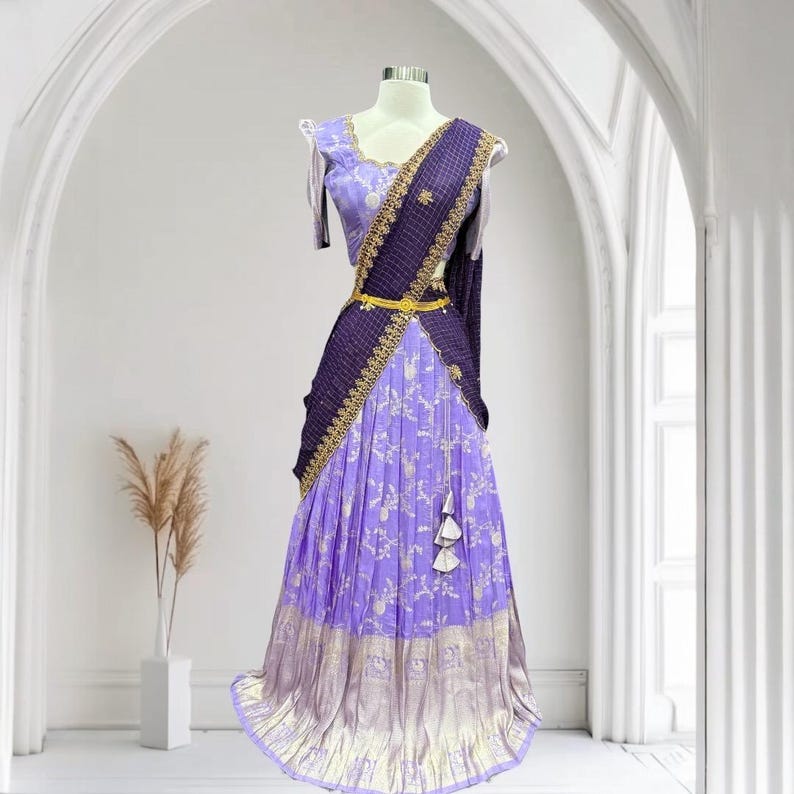 Gorgeous Tissue Half saree/Lang Voni with Maggam work blouse and a grand tissue dupatta size 36 for teens wedding half saree function image 1