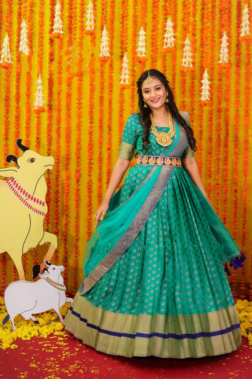 Blue Pattu Gown with weaving work. - Minurah