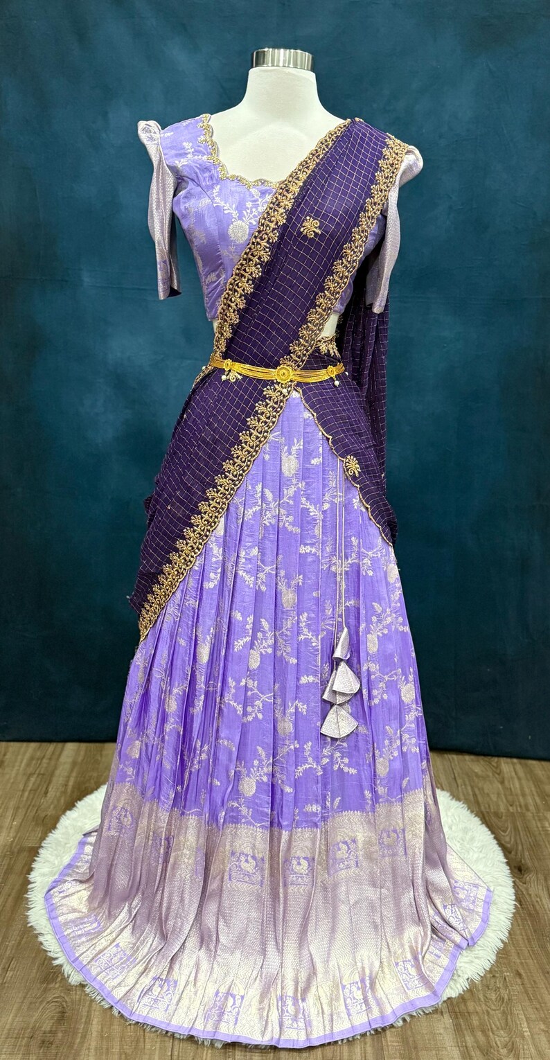Gorgeous Tissue Half saree/Lang Voni with Maggam work blouse and a grand tissue dupatta size 36 for teens wedding half saree function image 8