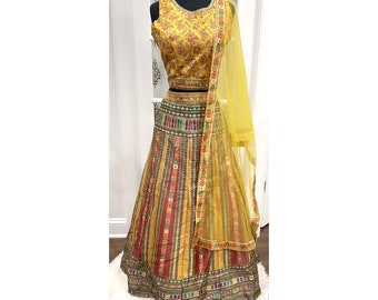Elegant Light weight Haldi silk lehanga outfit with net dupatta mirror work ready to ship budget friendly size large 40
