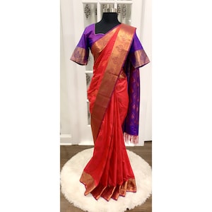 Elegant Partywear Saree with stitched blouse size 40 in semi kanchi silk with rich Pallu and tassels ready to ship