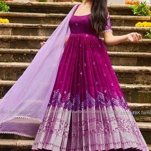 Elegant Dark Violet Organza Anarkali Dress with mirror embroidery and designer silver lace and matching dupatta size small 36 ready to ship