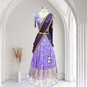 Gorgeous Tissue Half saree/Lang Voni with Maggam work blouse and a grand tissue dupatta size 36 for teens wedding half saree function image 2