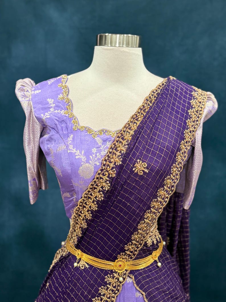 Gorgeous Tissue Half saree/Lang Voni with Maggam work blouse and a grand tissue dupatta size 36 for teens wedding half saree function image 9