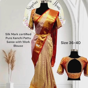Pure Kanchi Pattu Saree in Lavender and Gold  silk mark certified saree with Elegant Maggam work stitched blouse size 38 To 42