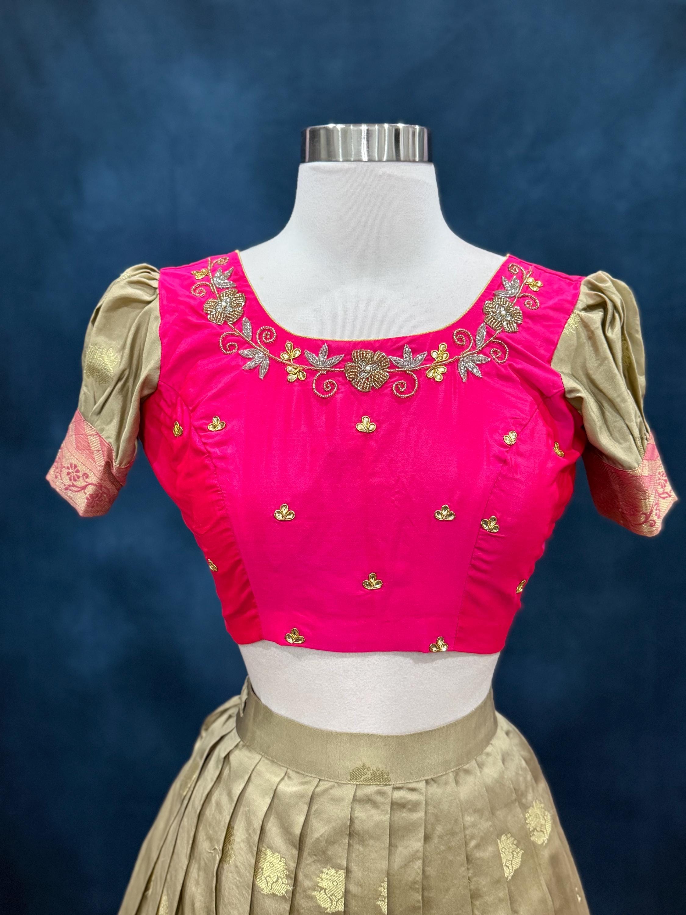 Teens Pattu Langa Voni: Gold & Pink Maggam Work Lehanga, Banarasi ...