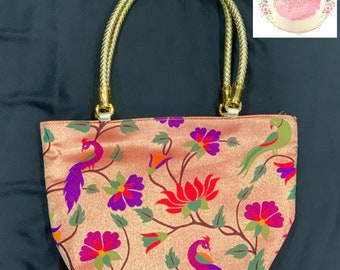 Bolso de seda Paithani, diseño floral reversible (35,5 x 24,1 cm)