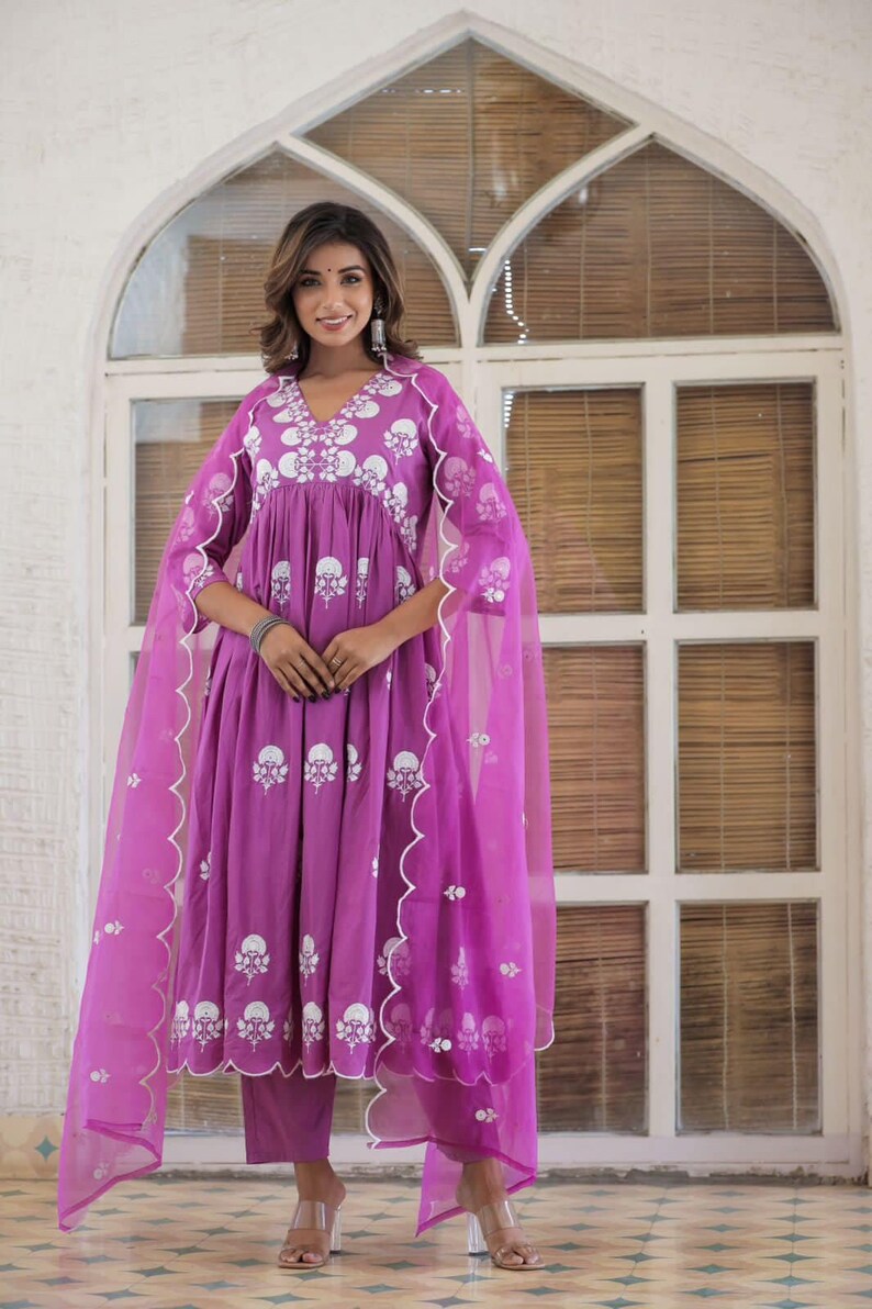 Purple Chiffon Kurti Set with Tulip Pant & Dupatta – Gota Patti Elegance
