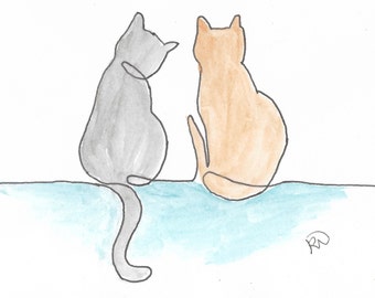 Cats sitting, Watercolour Print, Digital Download, A5, Simple sketch, Wall Art, Hand Painted