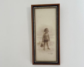 Vintage Sepia Photograph of a Child at the Seaside set in a Wooden Frame - Vintage Wall Art