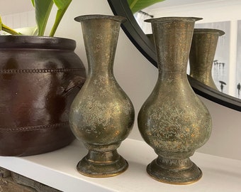 A Pair of Large Vintage Brass Etched Vases -  Home Decor