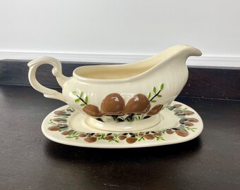 Mushroom Patterned Gravy Boat and Saucer - Vintage Home Decor