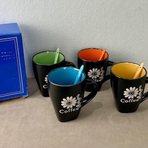 Four Vintage Flower Power Coffee Mugs and Spoons - Retro Decor
