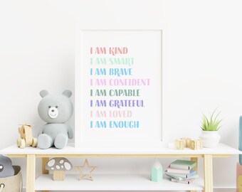 I Am Kind I Am Smart I Am Brave Printable Wall Art | Rainbow Colors | Digital Print | Affirmations Wall Art For Kids | DIGITAL DOWNLOAD