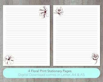 Florales Druckbares Briefpapier | Schreibwaren Set Druckbare | Leinenblatt | 4er Set Designs | Briefschreibset | DIGITALER DOWNLOAD