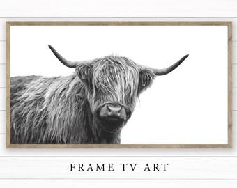 Frame TV Art | Highland Cow Standing Sideways Art | Samsung Frame TV Art | Black and White | Animal Wall Art | Digital DOWNLOAD