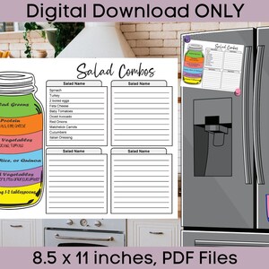Op de afbeelding: Printbare salade-combinatieplanner met een illustratie van een glazen pot. De planner is verdeeld in secties voor sla, eiwitten, zachte groenten, pasta, rijst of quinoa, harde groenten en dressing. De planner is 8,5 x 11 inch en is een digitale download.