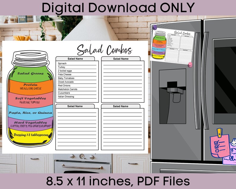 Op de afbeelding: Printbare salade-combinatieplanner met een illustratie van een glazen pot. De planner is verdeeld in secties voor sla, eiwitten, zachte groenten, pasta, rijst of quinoa, harde groenten en dressing. De planner is 8,5 x 11 inch en is een digitale download.
