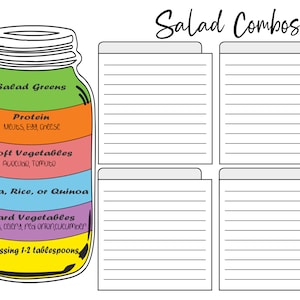 Op de afbeelding: Een printbaar werkblad met een illustratie van een glazen pot die is verdeeld in secties voor salade-ingredi&euml;nten. De secties zijn gelabeld met "Salad Greens", "Protein", "Soft Vegetables", "Pasta, Rice, or Quinoa", "Hard Vegetables" en "Dressing 1-2 tablespoons". Het werkblad heeft vier lege ruimtes om saladecombinaties op te schrijven.