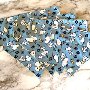 This is a popular Snoopy bandana. It has a blue background has little Snoopy’s scattered on it. The bandana is washable and reversible and slides on over your pet’s collar.