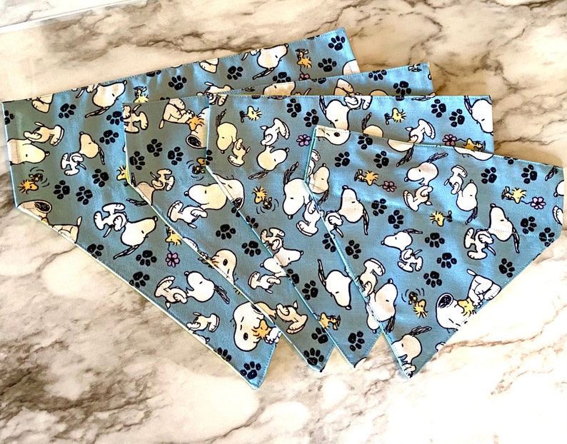 This is a popular Snoopy bandana. It has a blue background has little Snoopy’s scattered on it. The bandana is washable and reversible and slides on over your pet’s collar.