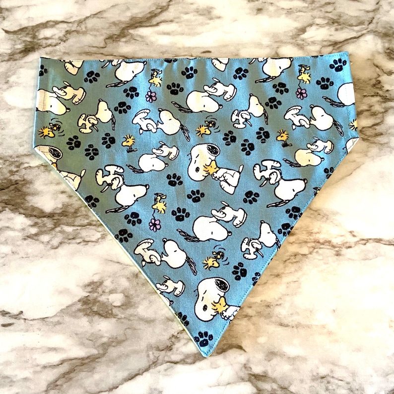 This is a popular Snoopy bandana. It has a blue background has little Snoopy’s scattered on it. The bandana is washable and reversible and slides on over your pet’s collar.