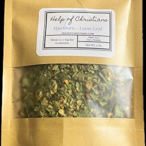 May include: A brown paper bag with a clear plastic window showing loose leaf Hawthorn tea. The bag has a label that reads "Help of Christians Hawthorn - Loose Leaf HELPOFCHRISTIANS.COM Steep 1.5-2 tsp for 14 minutes Made 2024 Hurt, Virginia Net Wt. 1 Oz"