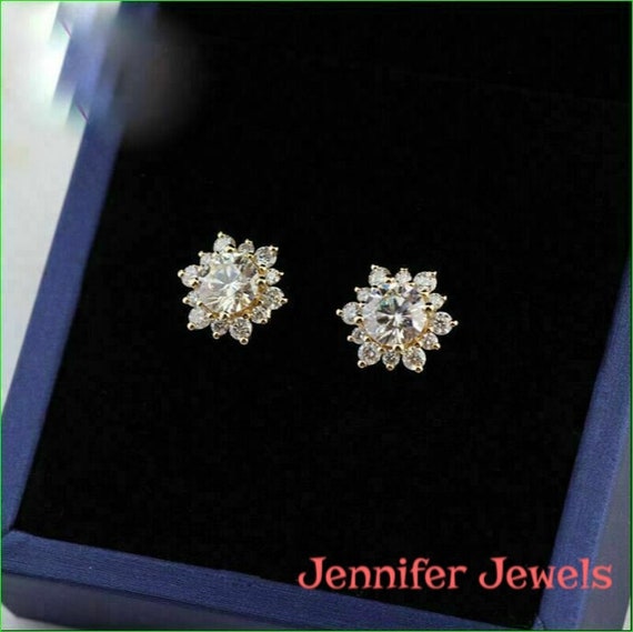 White Gold Floral Halo Studs Earrings Round Moissanite Earring For Women  Cluster Sunflower Moissanite Silver Earrings