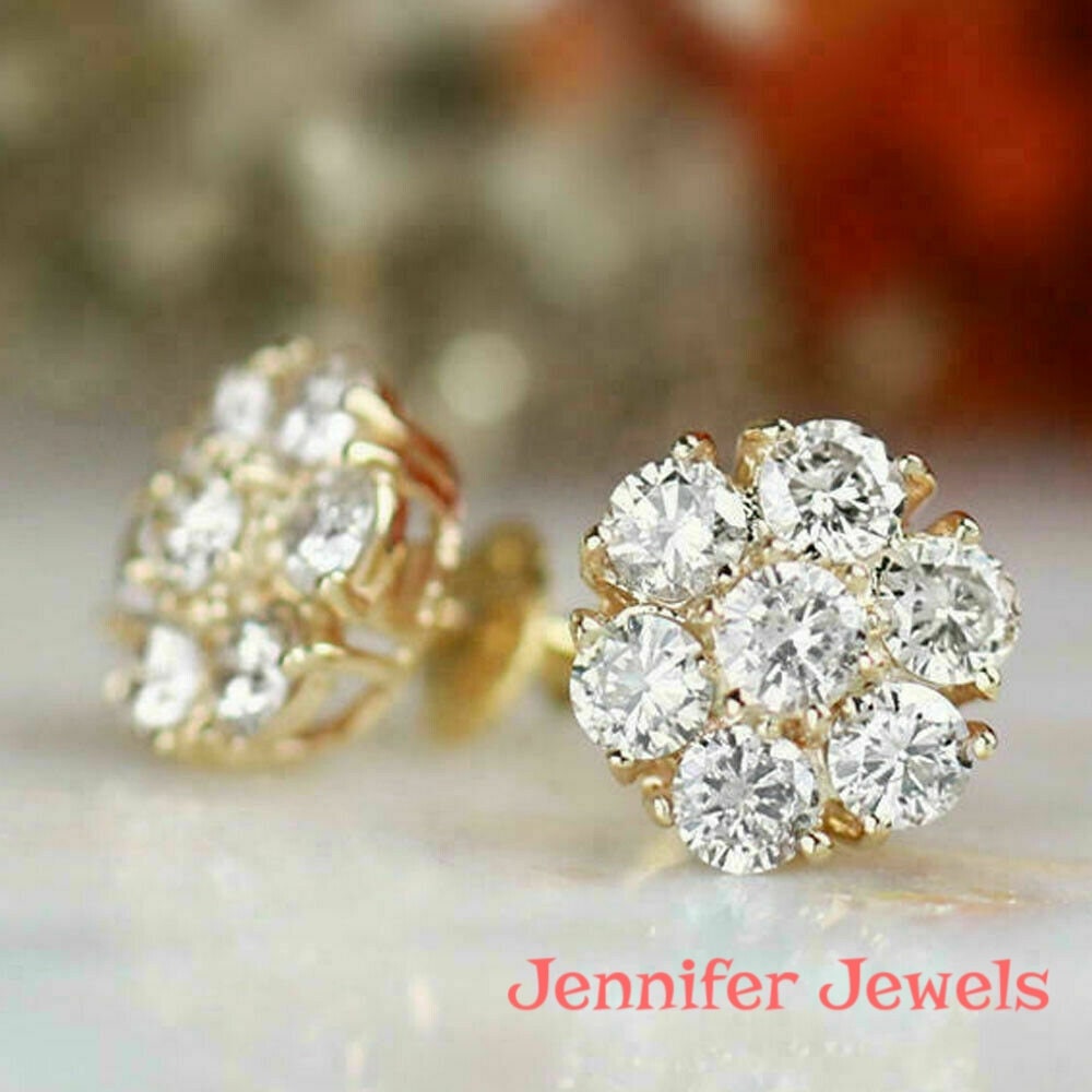 14k Yellow Gold Over 2Ct Round Diamond Cluster Floral Stud Earring Jewelry gift